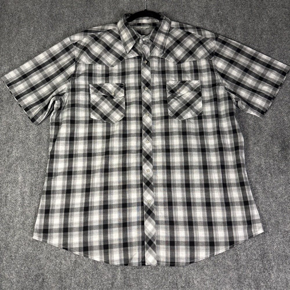 Wrangler Wrancher Mens XL Black White Plaid Western Pearl Snap Shirt Rodeo